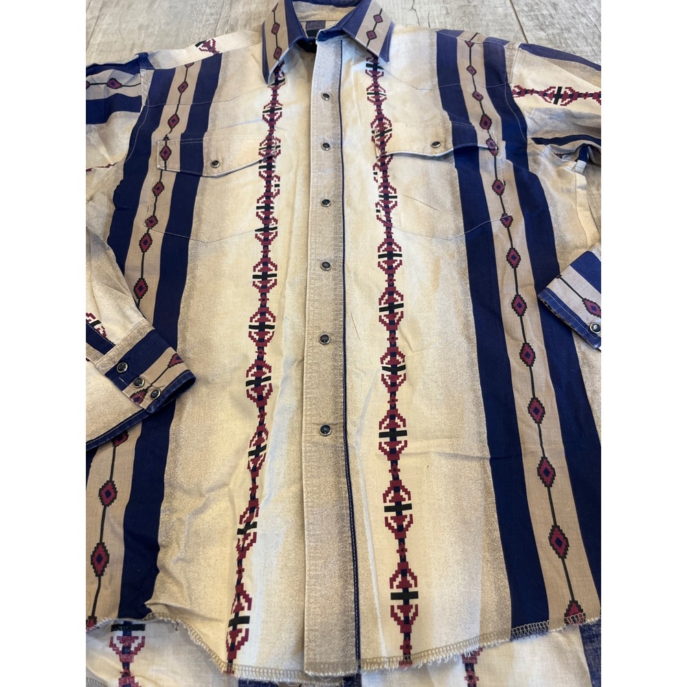 Wrangler Western Shirt Mens M Southwestern Geometric Stripe Snap Button Tan Blu